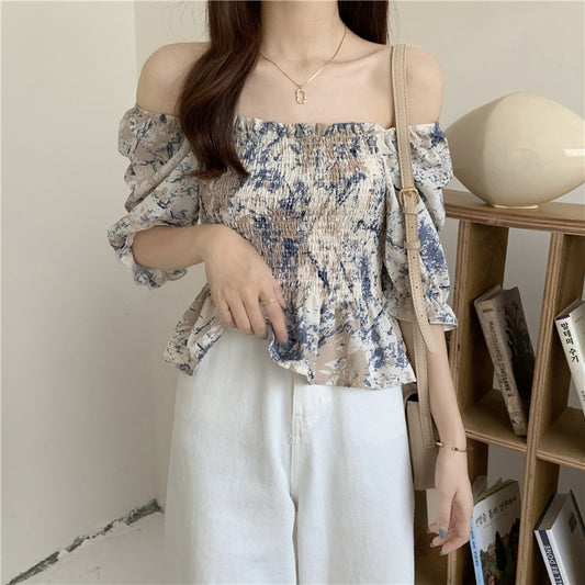 2025 Slim Blouse French Style Tops Leaves Flower Print  Shirt women Elastic Body women's clothing official