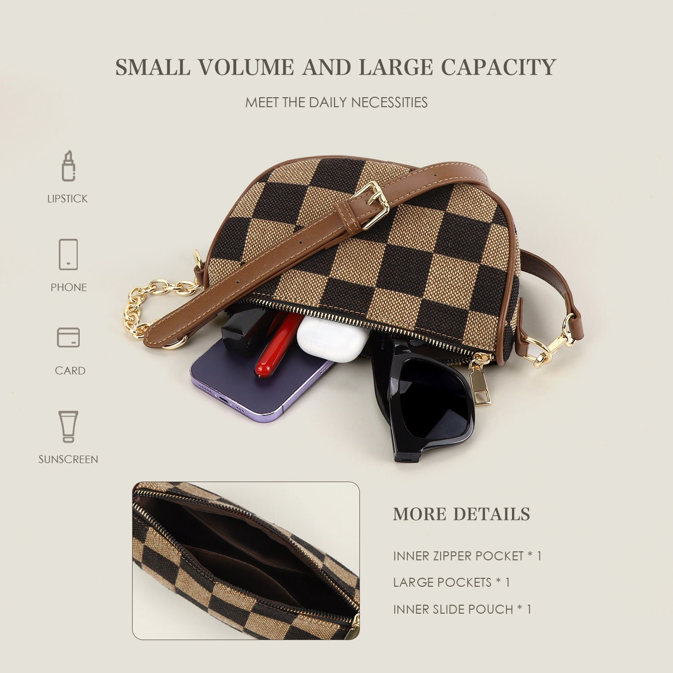 Small Crossbody Bag – Versatile Commute with Checkerboard Canvas, Compact Earphone Bag, Stylish 2-in-1 Chest Bag & Fanny Pack for Everyday Use