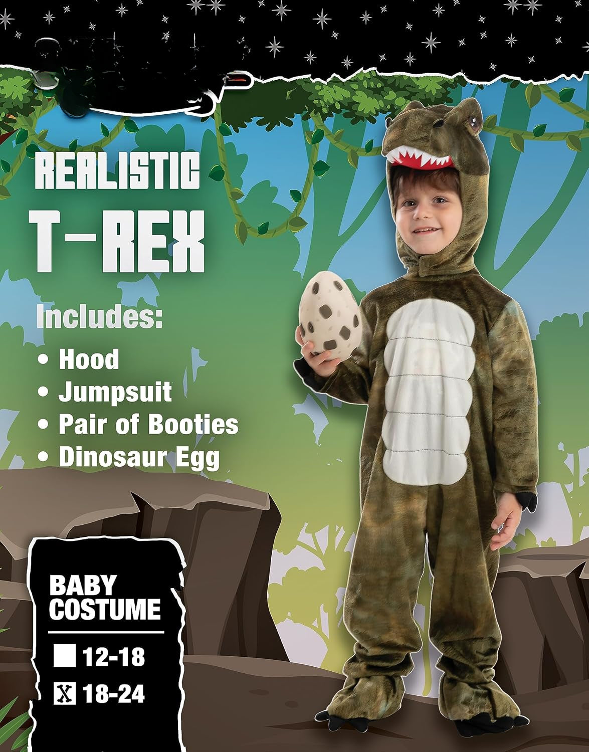 Realistic T-rex Costume Outfit Dinosaur Jumpsuit with Egg for Kids Toddler Halloween Dress-up Party