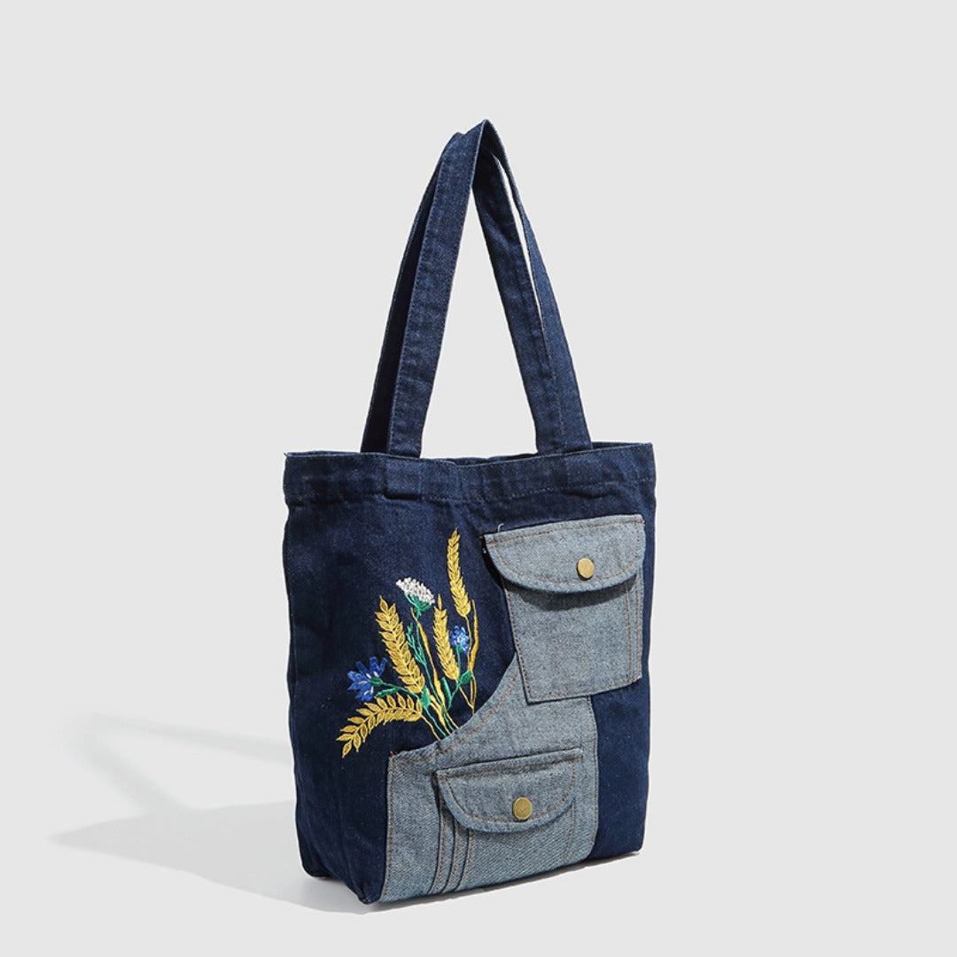 Shoulder denim bag, wheat ear embroidery splicing shoulder bag, vintage tote bag, fashion shopping bag