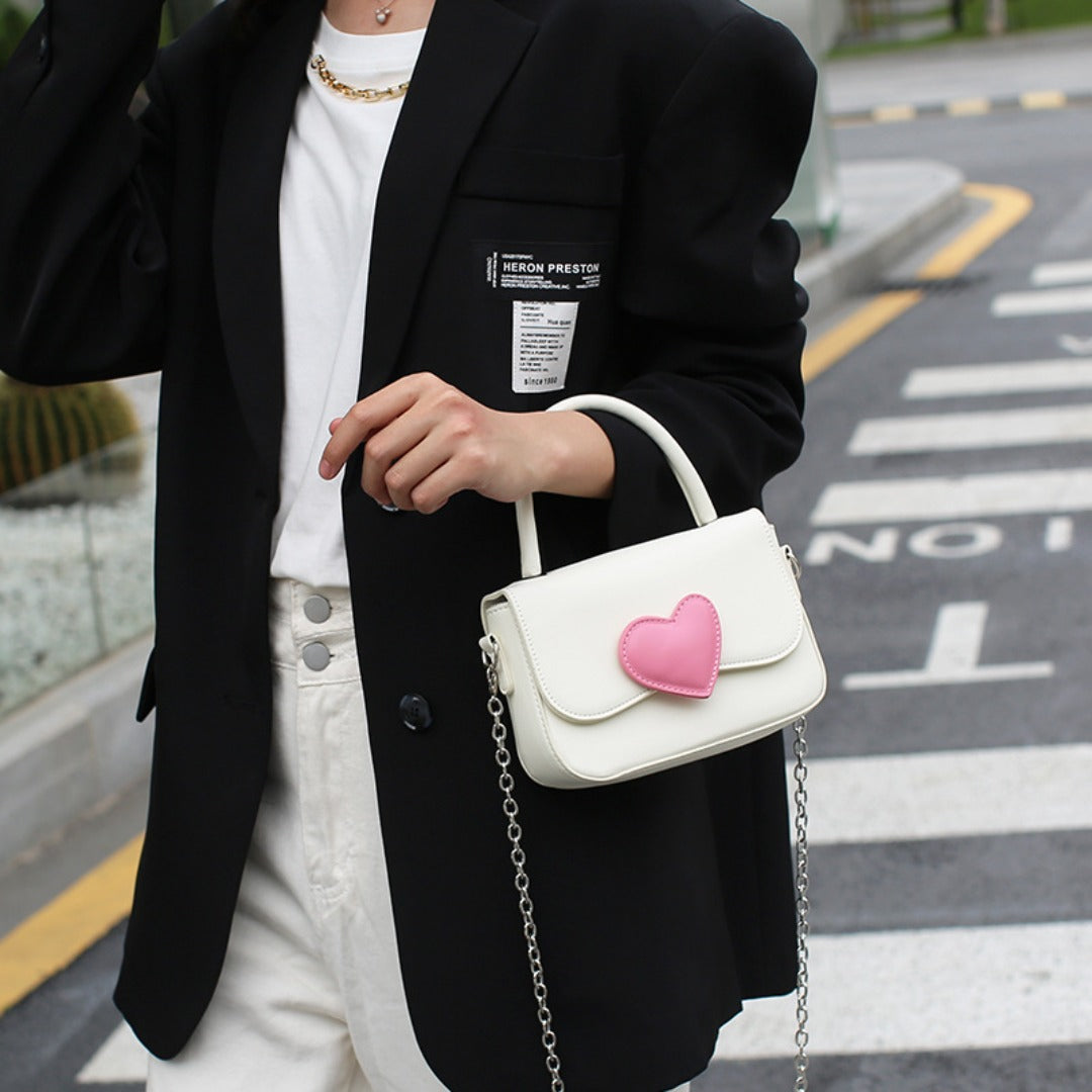 Cute contrasting peach heart tote bag, pink love handbag, simple and versatile small square bag, fashionable shoulder crossbody bag