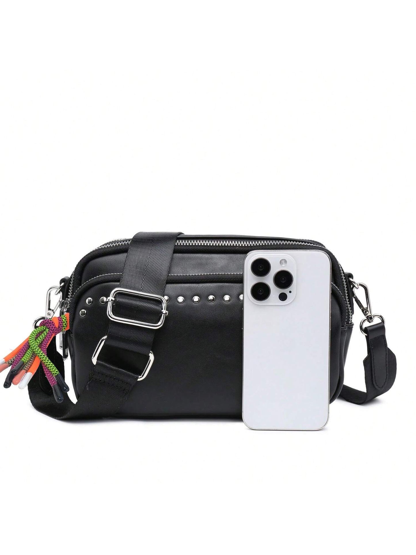 Women Small Crossbody Bag Beige With Multiple Pockets Trendy Tassel Compact Organized Square Purse Black With Wide Comfortable Nylon Guitar Strap