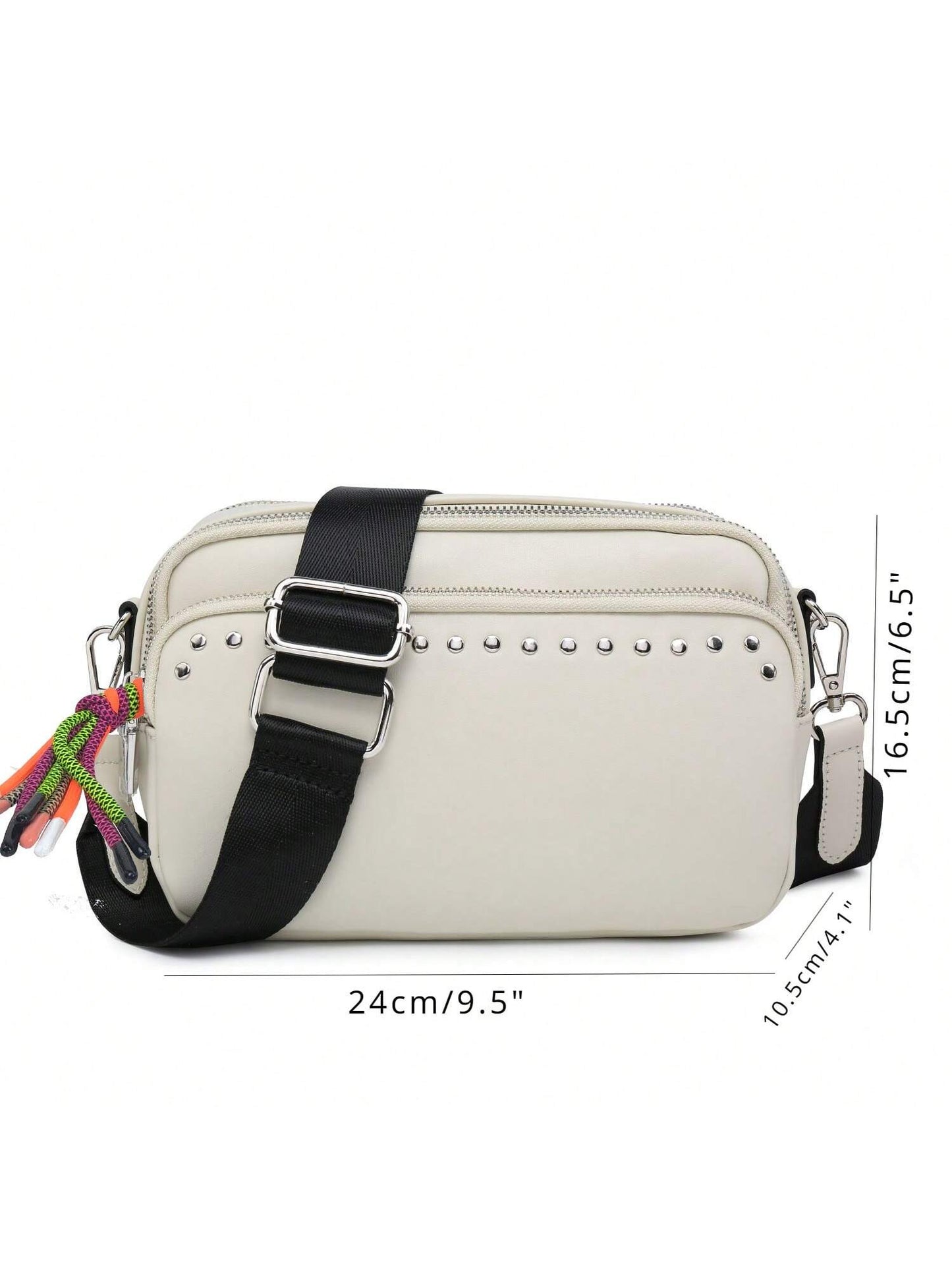 Women Small Crossbody Bag Beige With Multiple Pockets Trendy Tassel Compact Organized Square Purse Black With Wide Comfortable Nylon Guitar Strap