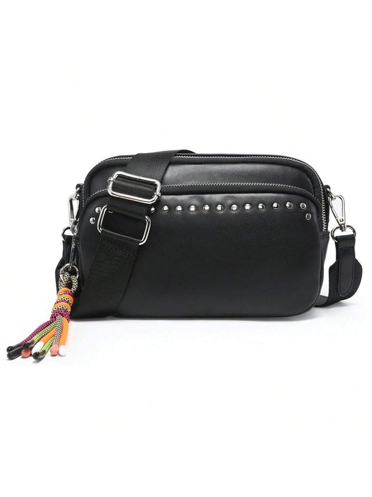 Women Small Crossbody Bag Beige With Multiple Pockets Trendy Tassel Compact Organized Square Purse Black With Wide Comfortable Nylon Guitar Strap