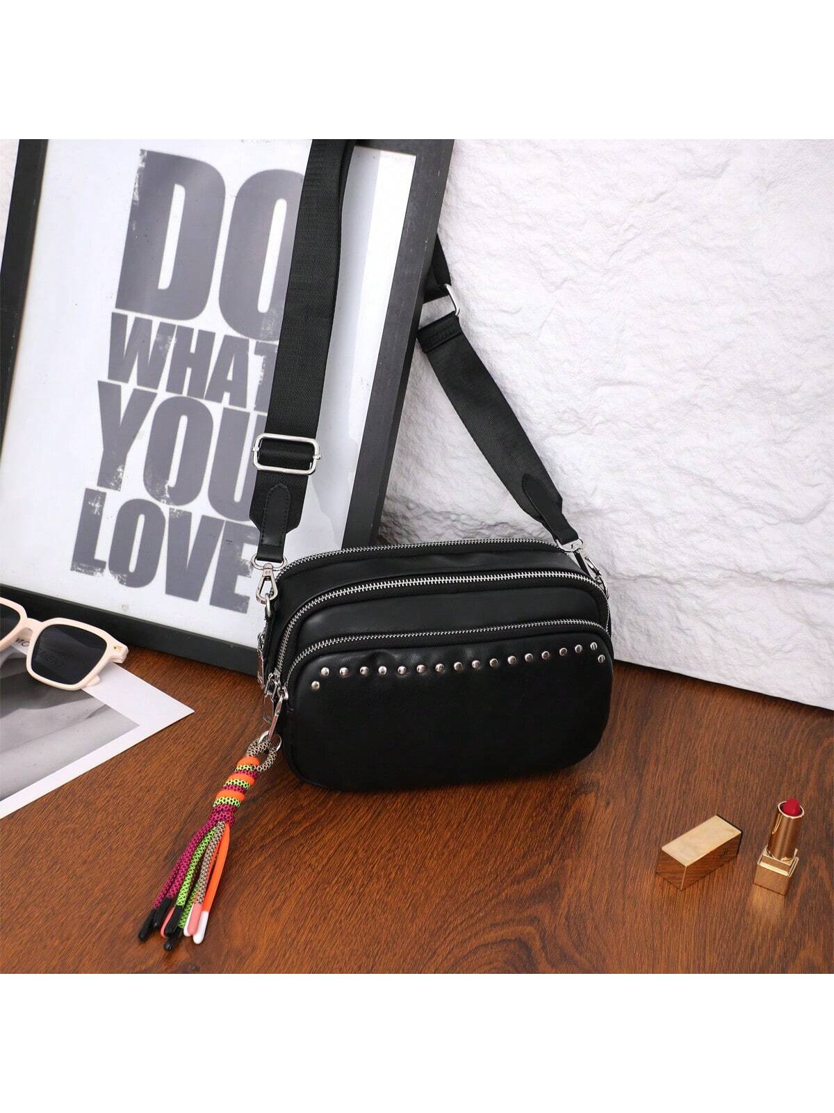 Women Small Crossbody Bag Beige With Multiple Pockets Trendy Tassel Compact Organized Square Purse Black With Wide Comfortable Nylon Guitar Strap