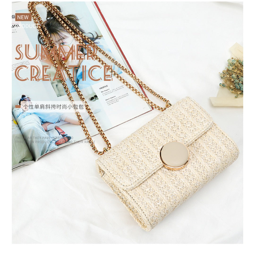 Woven small square bag women, stylish fashion shoulder crossbody bag, versatile chain straw bag