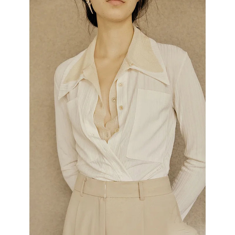 2025 Autumn Thin Women Slim Fit Point Collar Pocket Breathable Shirt New Style