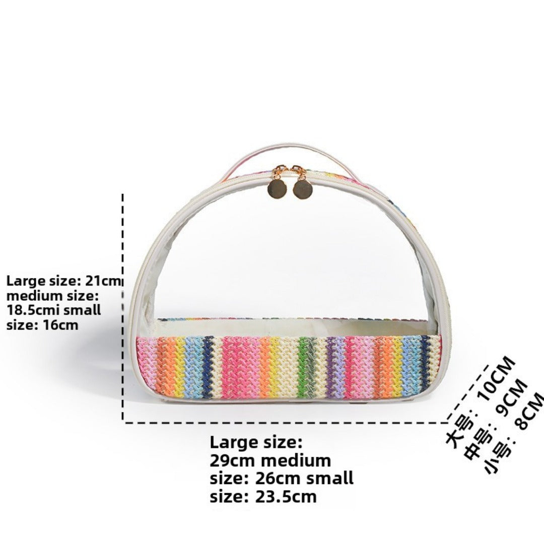 Straw transparent PVC semicircular cosmetic bag, waterproof woven toiletries bag, travel storage bag, makeup bags small,Transparent Cosmetic Bag,