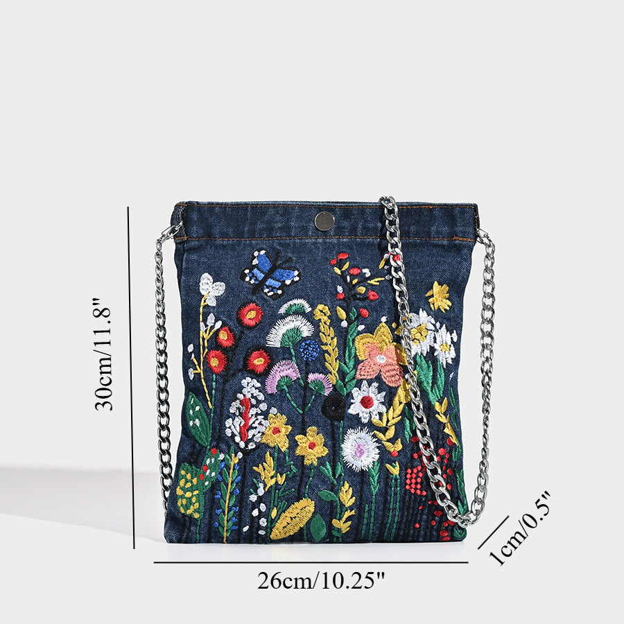 Mini embroidered denim bag, Street stylish student flower three-dimensional shoulder bag, design underarm bag