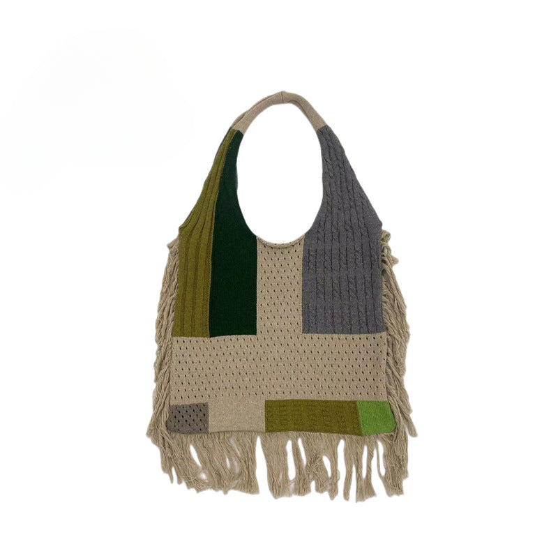 Tassel bag women, splicing knitted shoulder bag, simple and versatile retro knitted bag