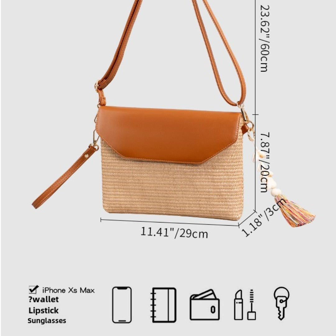 Tassel straw small crossbody bag, seaside beach bag holiday crossbody shoulder bag, travel clutch bag ladies