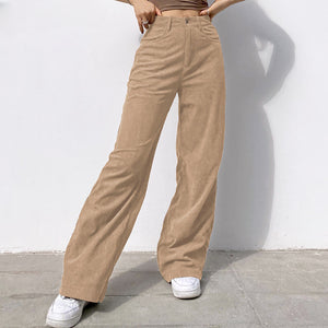 Women Casual Pants Retro Vintage Corduroy Spring High Waist Loose Slim Solid Casual All-match Straight-Leg Pants