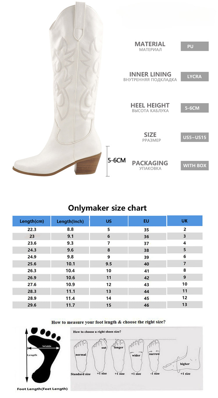 Plus Size 45 Women's Embroidered Western Knee High Boots Cowboy Cowgirl Boots Chunky Heel Platform Boots Women Western Shoes