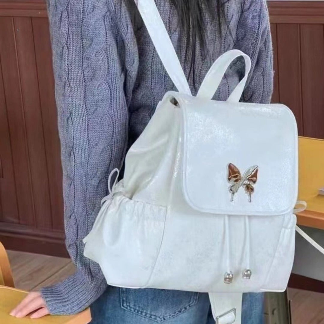 stylish White Butterfly Backpack, Female Student Backpack, Versatile Handheld Shoulder Travel Bag