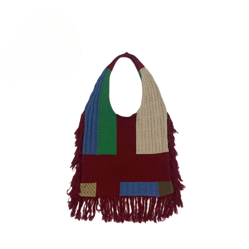 Tassel bag women, splicing knitted shoulder bag, simple and versatile retro knitted bag