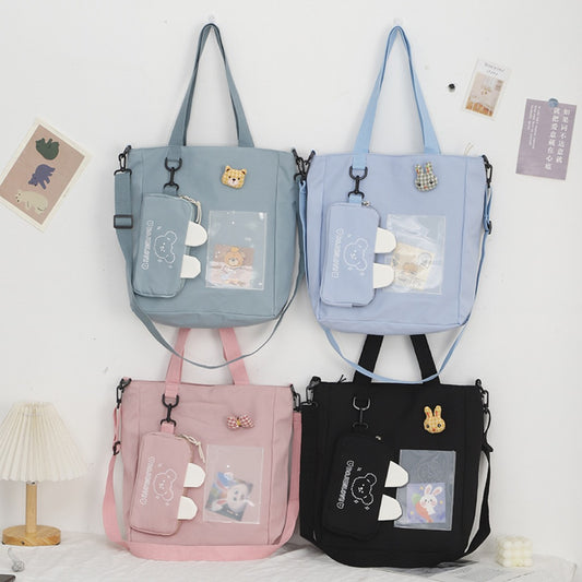 Cartoon canvas bag cute, bunny pendant tote bag, self-contained small bag student shoulder bag