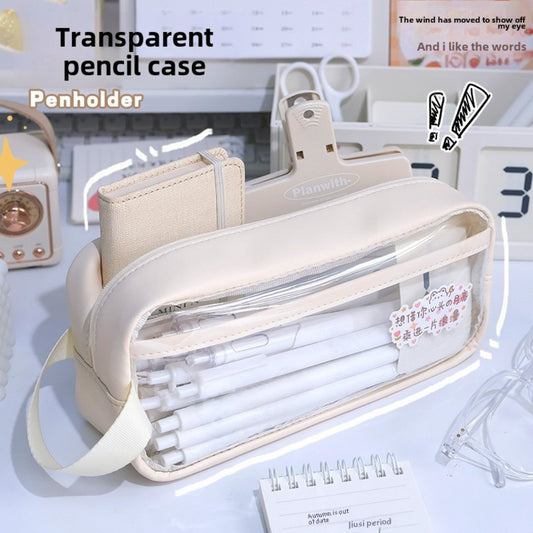 Transparent pencil case, portable tote storage bag, waterproof large-capacity stationery storage box.