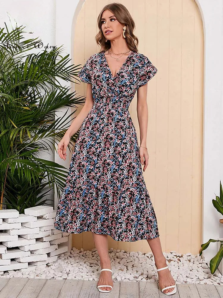 Women Summer Chiffon Floral Print Long Dress Short Sleeve Elegant V Neck Elastic Waist Holiday Beach Dress