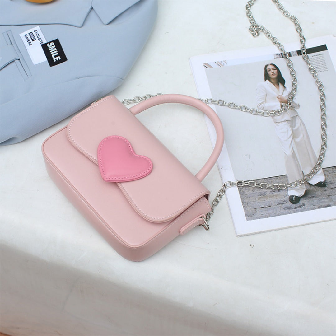 Cute contrasting peach heart tote bag, pink love handbag, simple and versatile small square bag, fashionable shoulder crossbody bag