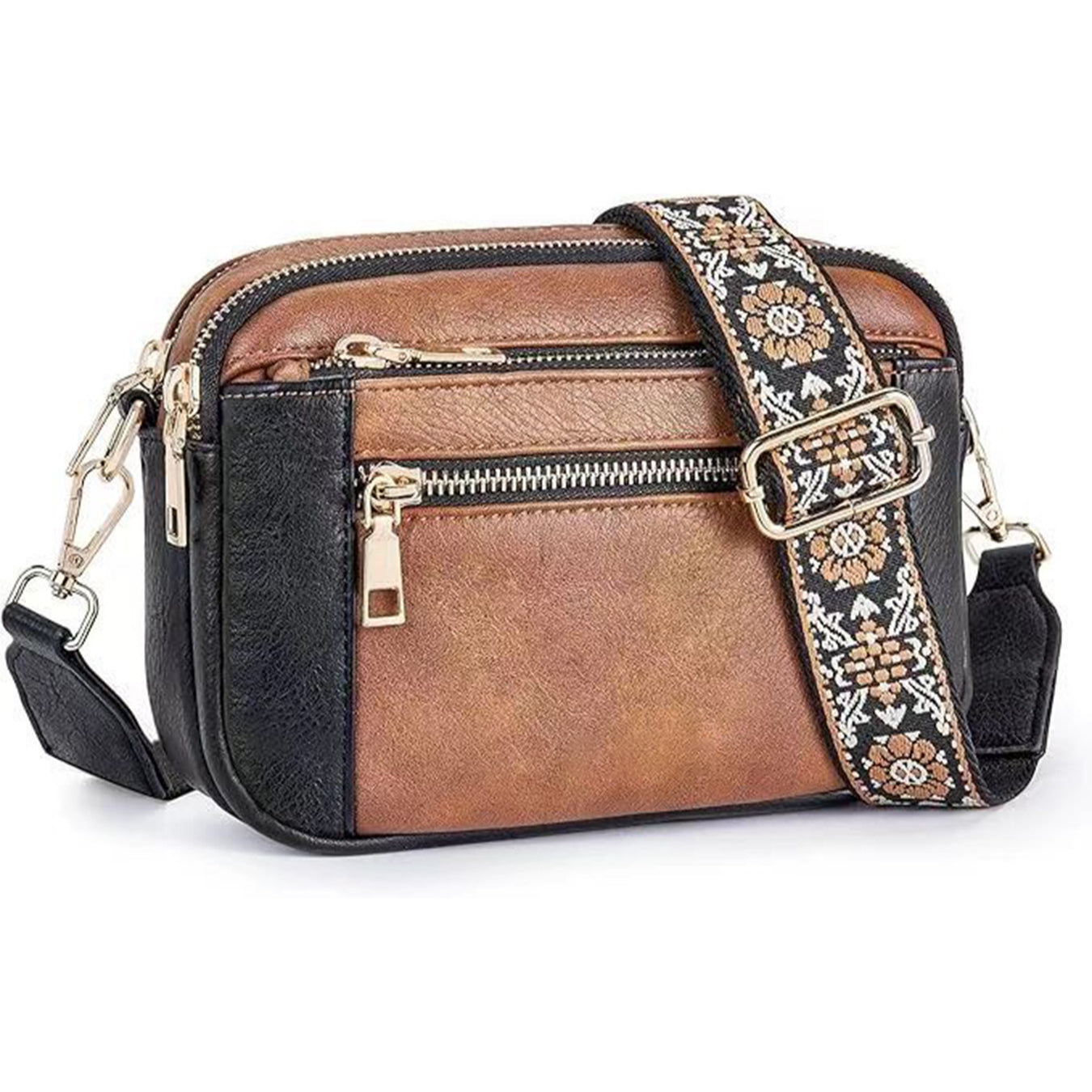 Small Crossbody Purse for Women Triple Zip, Color Matching Multifunctional Zipper Crossbody Bag, Small Square Bag PU Shoulder Bag,