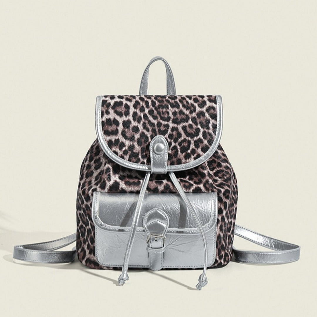 Retro contrasting leopard print backpack, women's autumn and winter design commuter versatile backpack