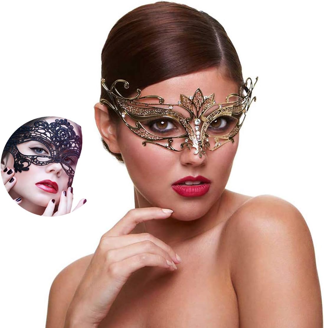 Masquerade Mask for Women Shiny Rhinestone Venetian Party Prom Ball Metal Mask