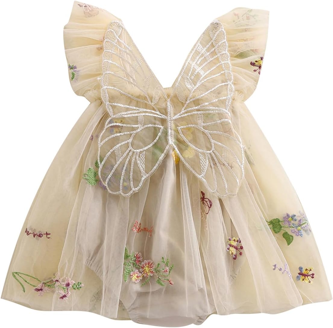 Baby Girl Halloween Costume Butterfly Wing Mesh Flower Sleeveless Tulle Fairy Romper Dress Birthday Tutu Dress