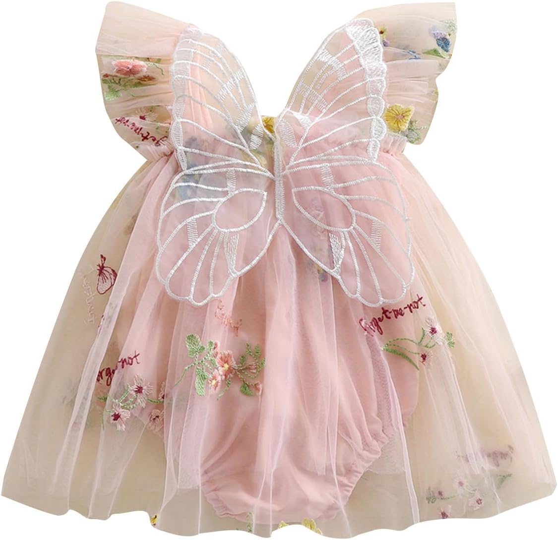 Baby Girl Halloween Costume Butterfly Wing Mesh Flower Sleeveless Tulle Fairy Romper Dress Birthday Tutu Dress