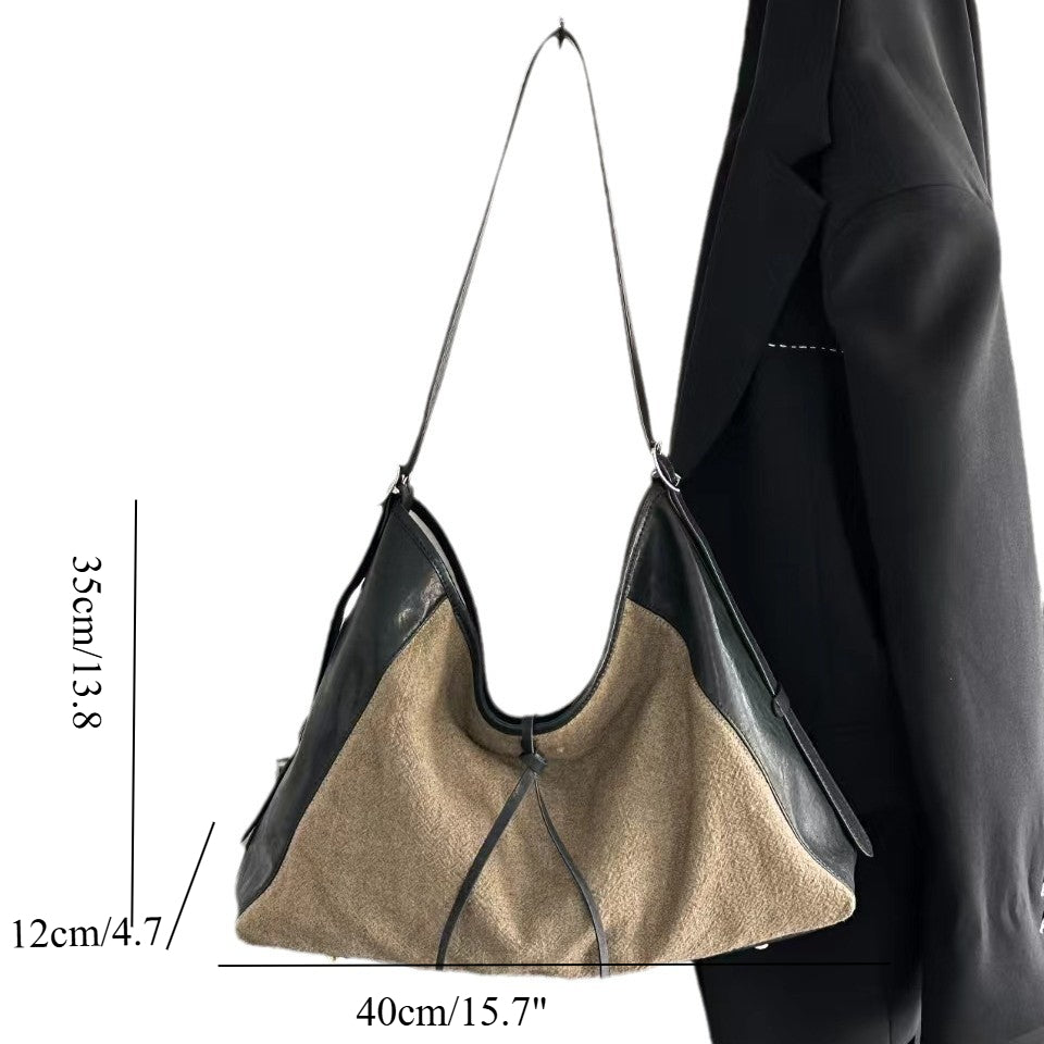 Linen Splicing Vegetable Tanned Cowhide Bag, Large Capacity Casual Bucket Bag, Underarm Shoulder Tote Bag, Hobo Bag for Women