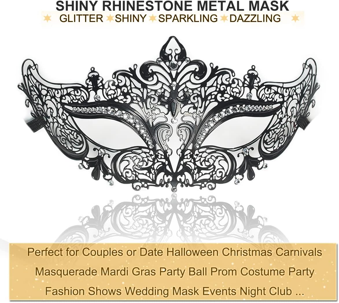 Masquerade Mask for Women Shiny Rhinestone Venetian Party Prom Ball Metal Mask