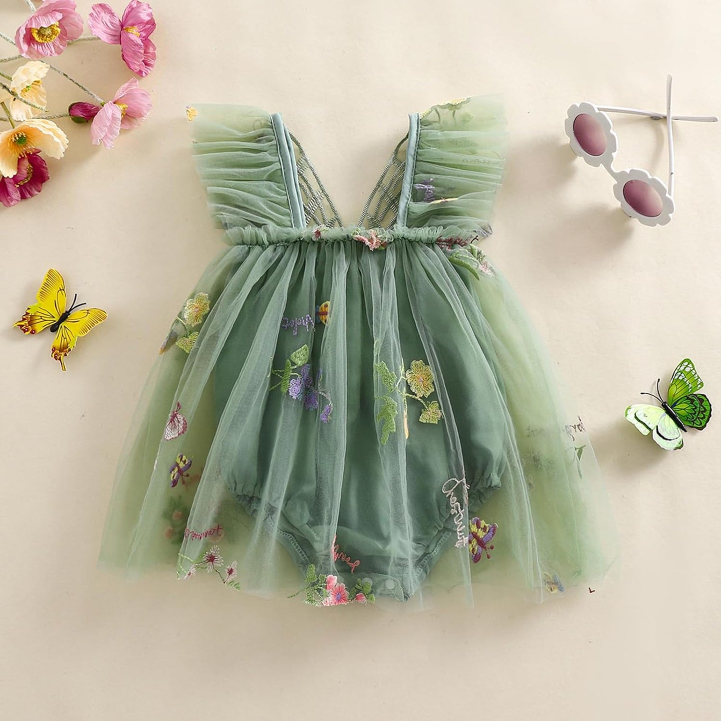 Baby Girl Halloween Costume Butterfly Wing Mesh Flower Sleeveless Tulle Fairy Romper Dress Birthday Tutu Dress