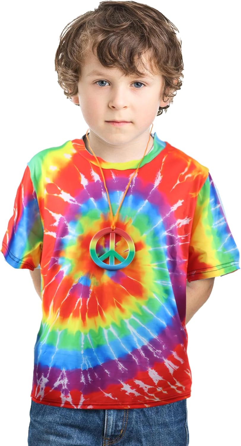 70s Outfits Boys 4Pcs Hippie Costume Accessories Kids Colorful Dye tshirt for Theme Party 60s 70s for 4-12 years