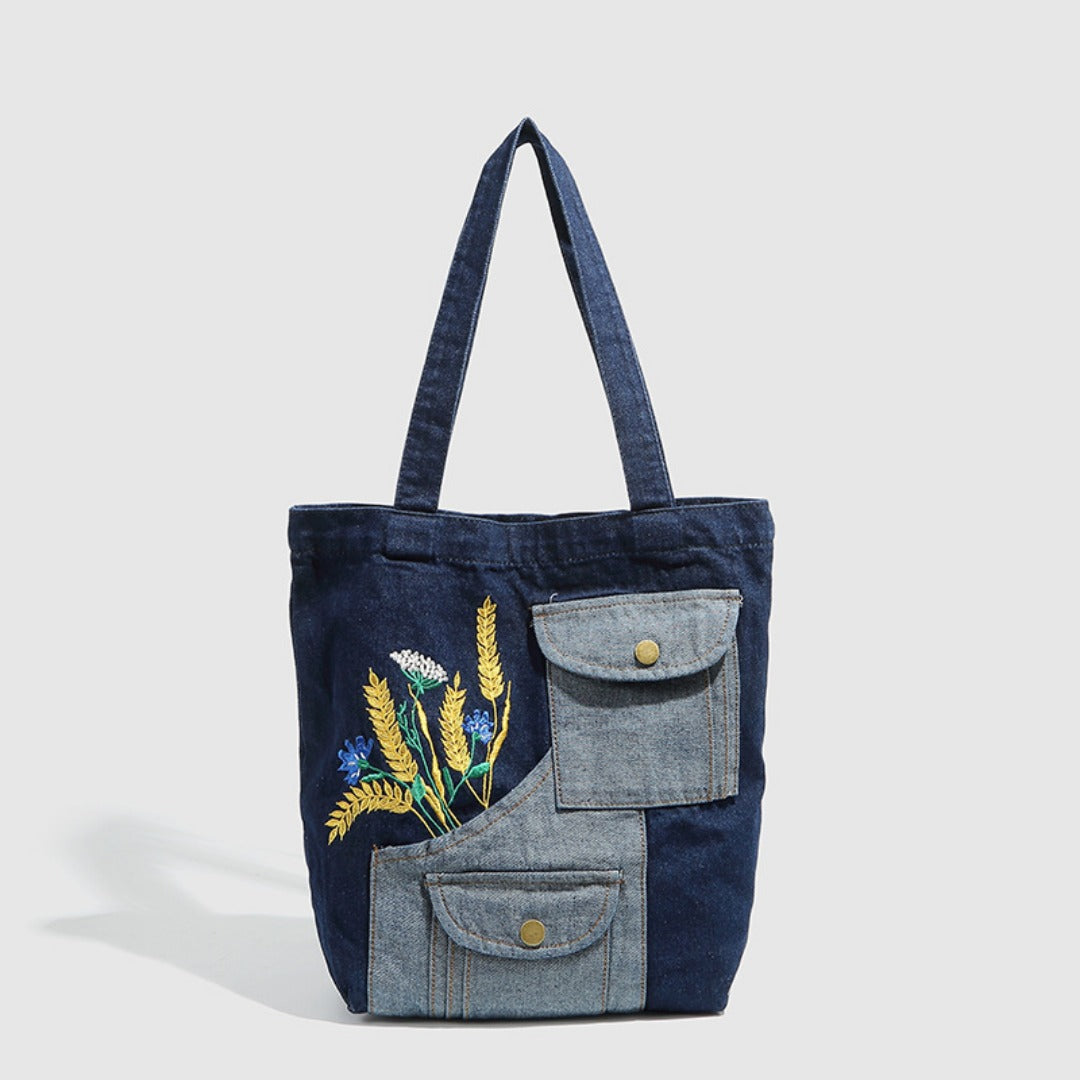 Shoulder denim bag, wheat ear embroidery splicing shoulder bag, vintage tote bag, fashion shopping bag