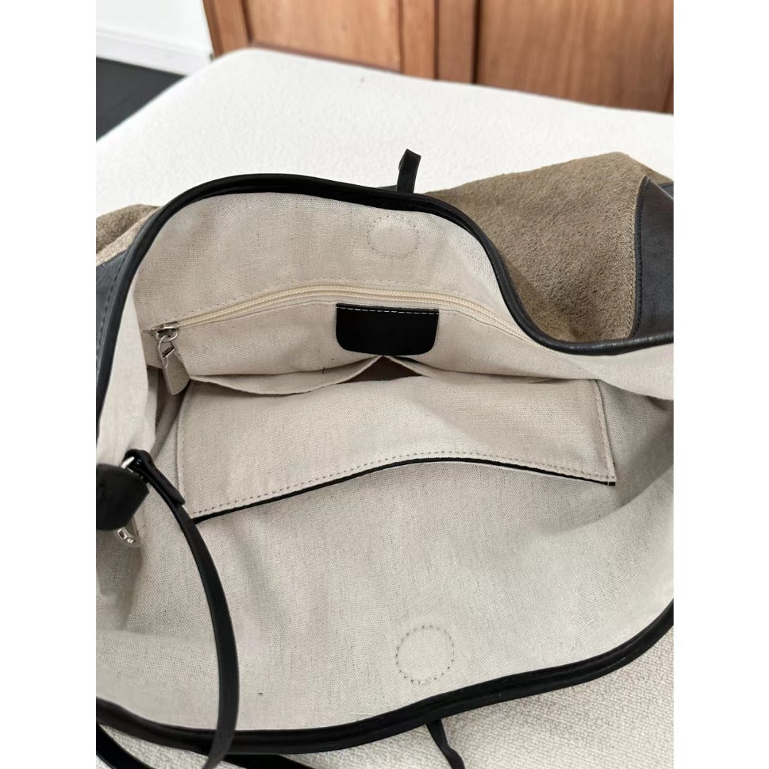 Linen Splicing Vegetable Tanned Cowhide Bag, Large Capacity Casual Bucket Bag, Underarm Shoulder Tote Bag, Hobo Bag for Women