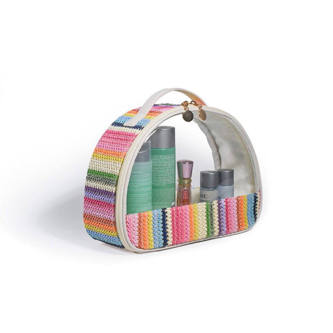 Straw transparent PVC semicircular cosmetic bag, waterproof woven toiletries bag, travel storage bag, makeup bags small,Transparent Cosmetic Bag,