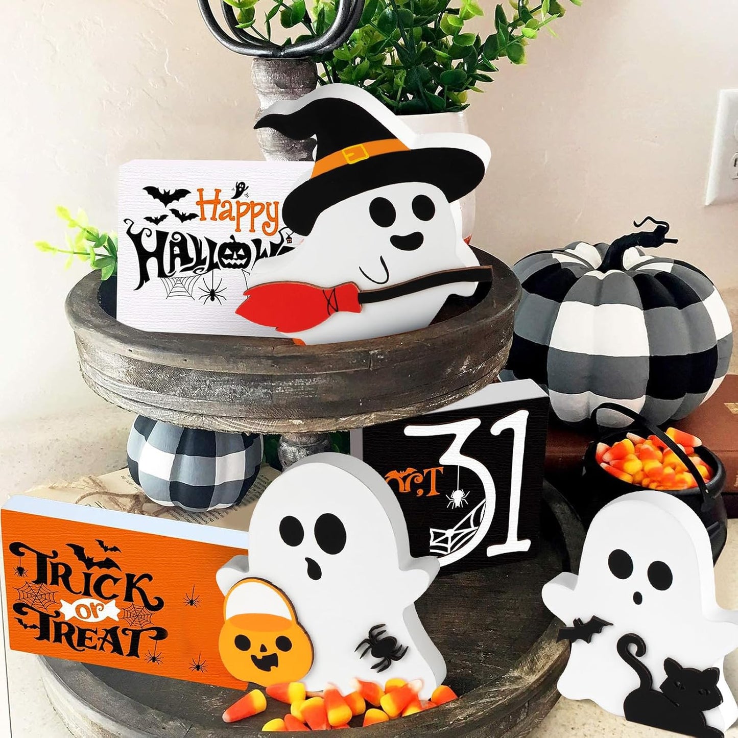 Cute Ghost Halloween Decorations Indoor, Wooden Tiered Tray Decor Table Sign Set of 3, Black Cat Bat Witch Broom Signs Pumpkin Blocks for Party Home Shelf Display (A-Ghost)