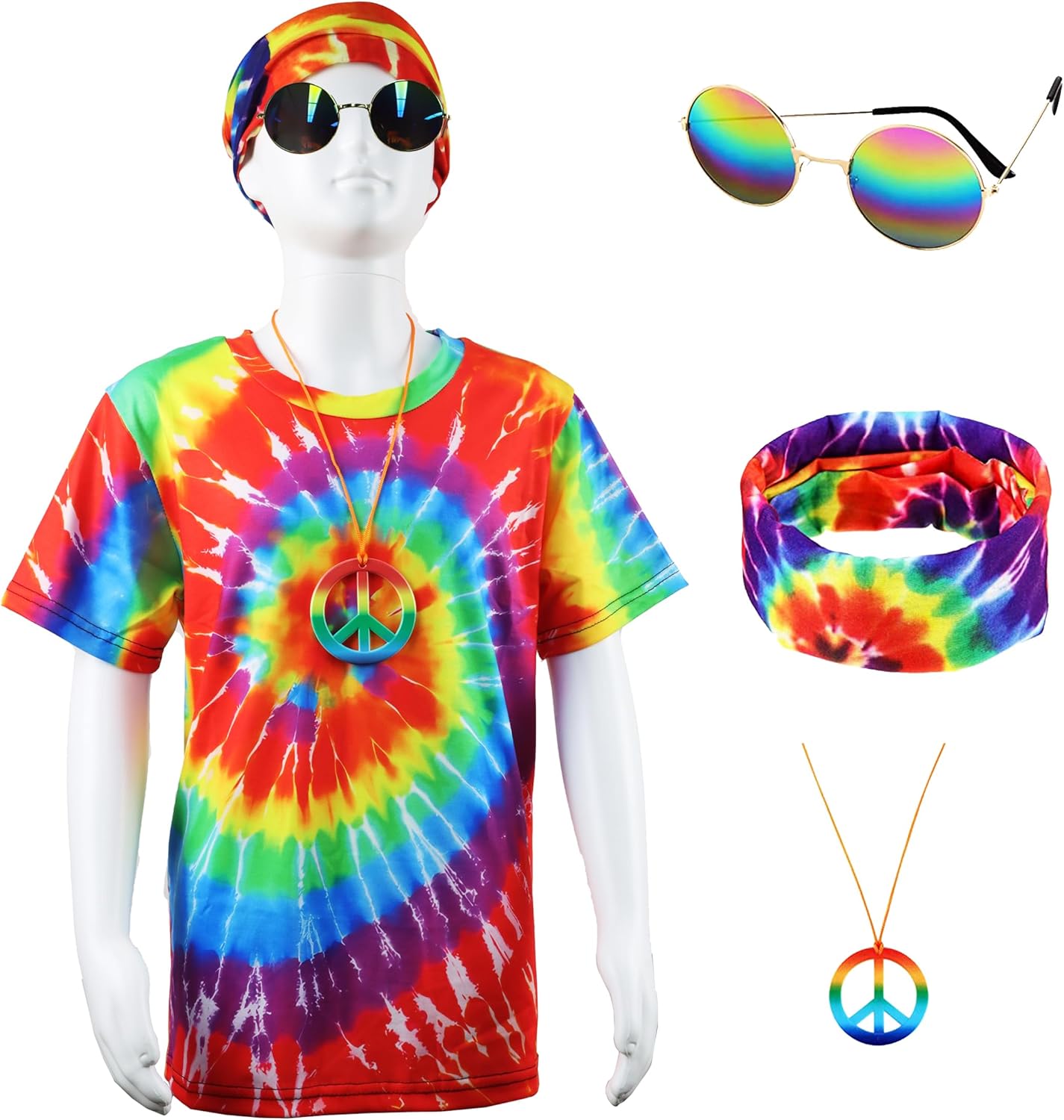 70s Outfits Boys 4Pcs Hippie Costume Accessories Kids Colorful Dye tshirt for Theme Party 60s 70s for 4-12 years