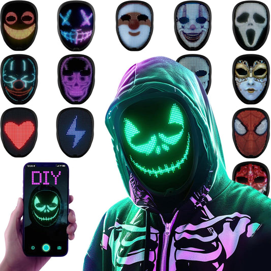 Halloween LED Mask with Programmable App & Gesture Sensing, DIY Unisex LED Lighted Face Transforming Mask, Perfect Gift for Halloween Costume Cosplay,Masquerade