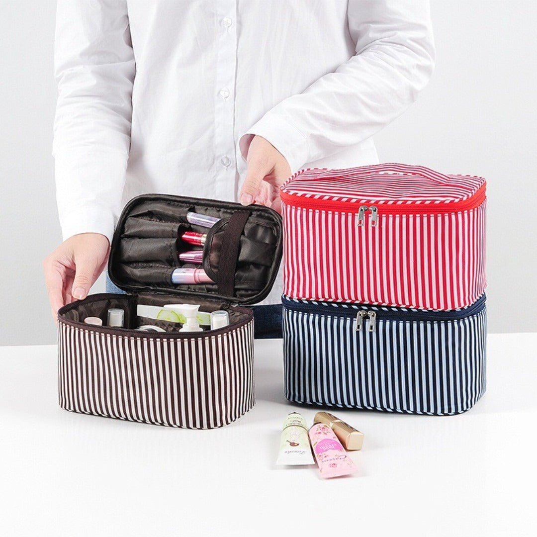 Simple striped cosmetic bag, portable cosmetic storage bag, travel portable large-capacity square toilet bag, makeup bag organizer,