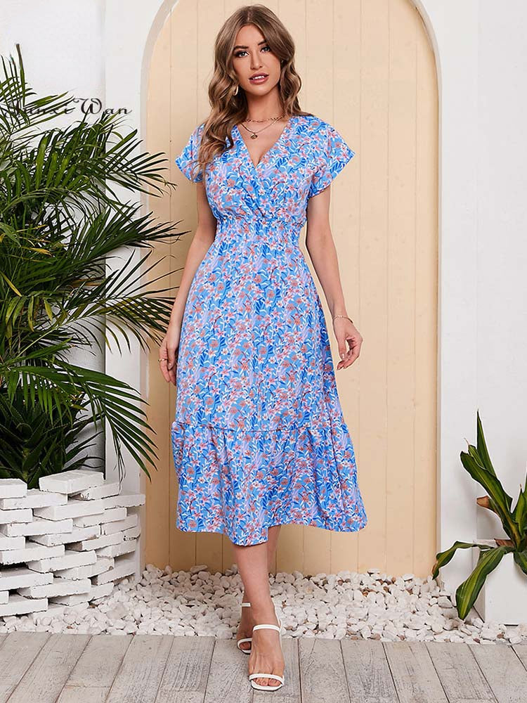 Women Summer Chiffon Floral Print Long Dress Short Sleeve Elegant V Neck Elastic Waist Holiday Beach Dress