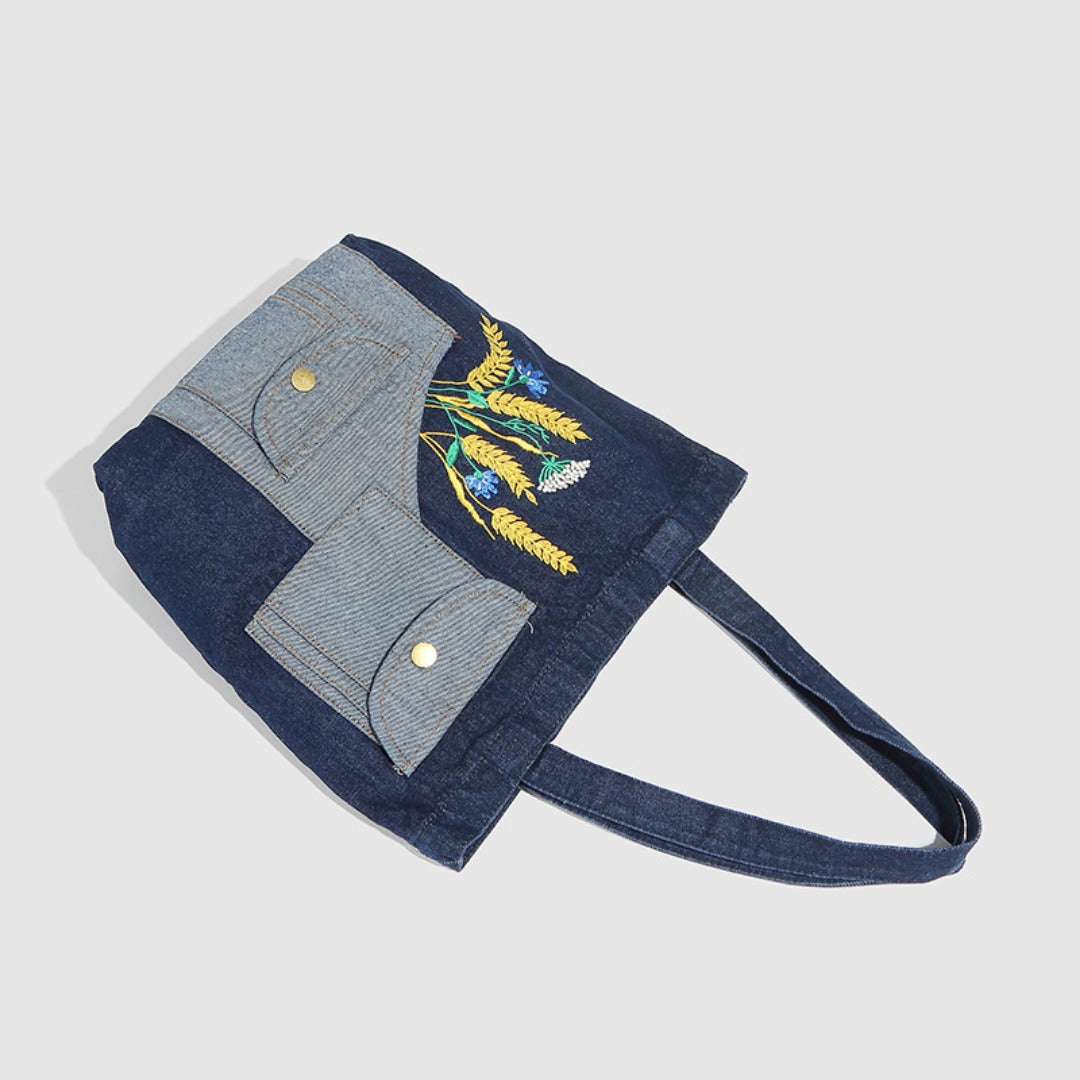 Shoulder denim bag, wheat ear embroidery splicing shoulder bag, vintage tote bag, fashion shopping bag