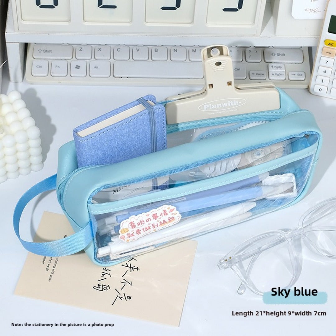 Transparent pencil case, portable tote storage bag, waterproof large-capacity stationery storage box.