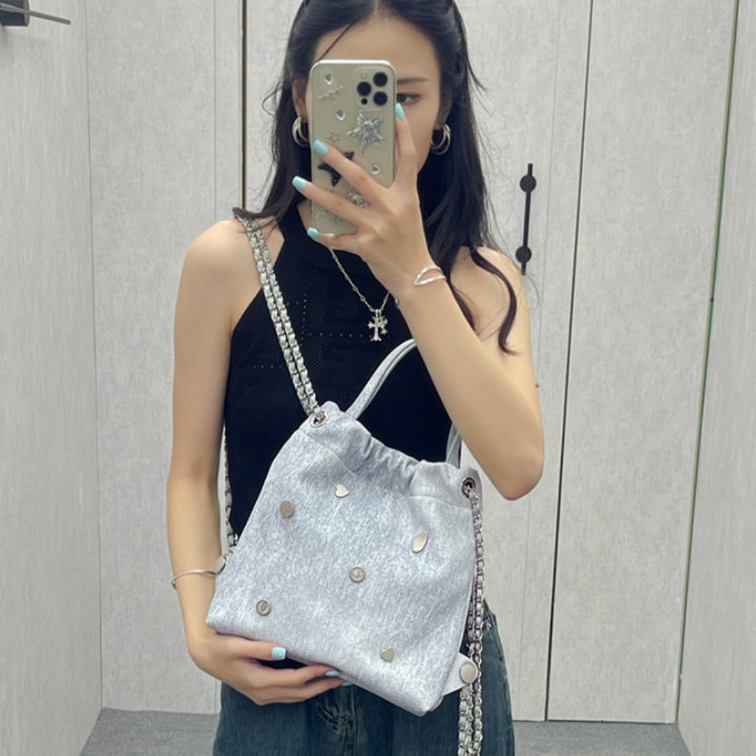 Denim blue chain backpack female, stylish and simple multi-functional portable shoulder bag, large capacity backpack with top handle