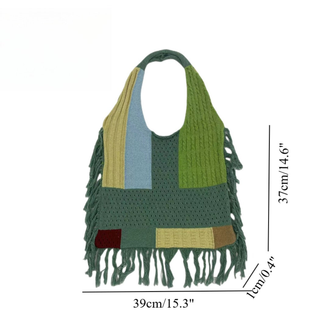 Tassel bag women, splicing knitted shoulder bag, simple and versatile retro knitted bag