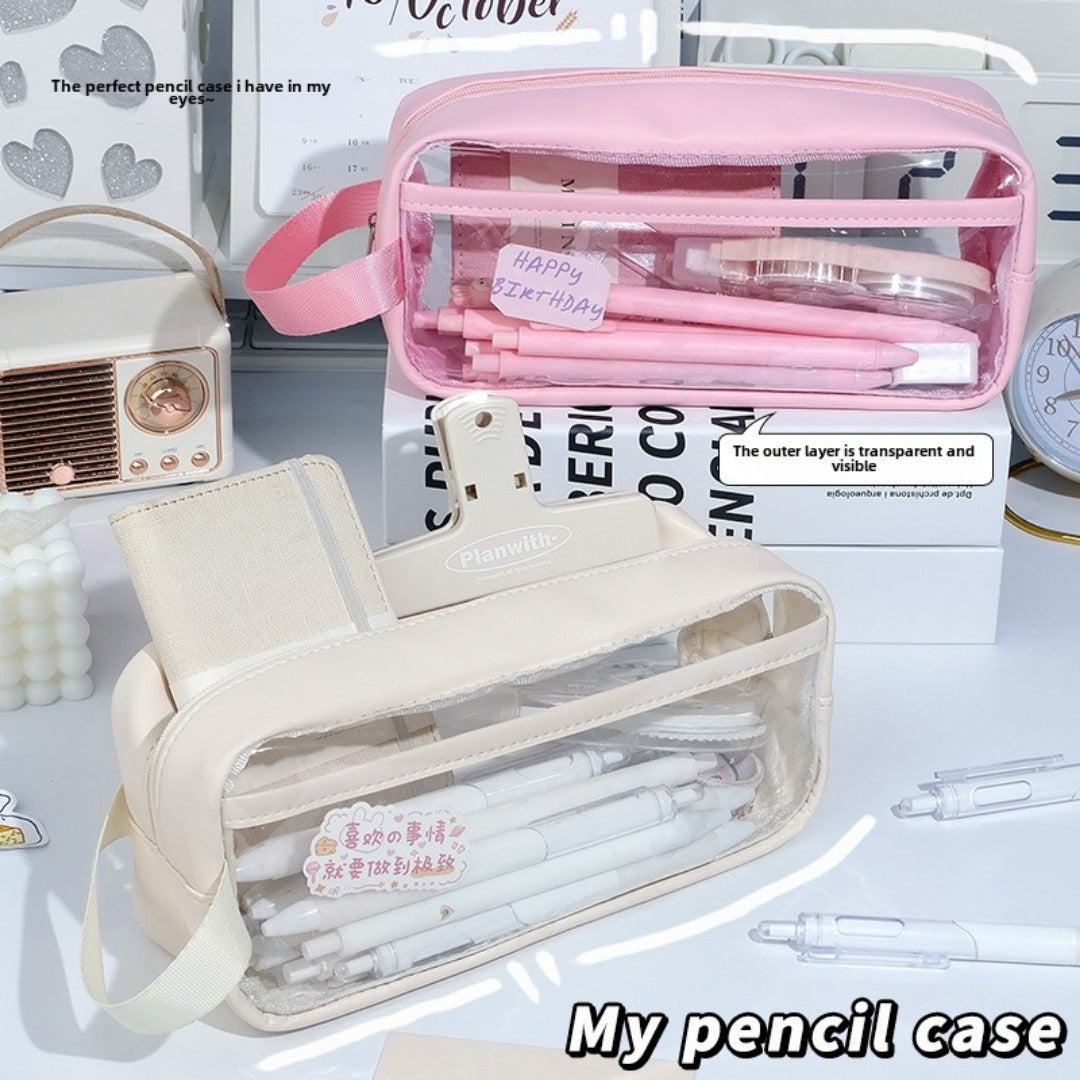 Transparent pencil case, portable tote storage bag, waterproof large-capacity stationery storage box.