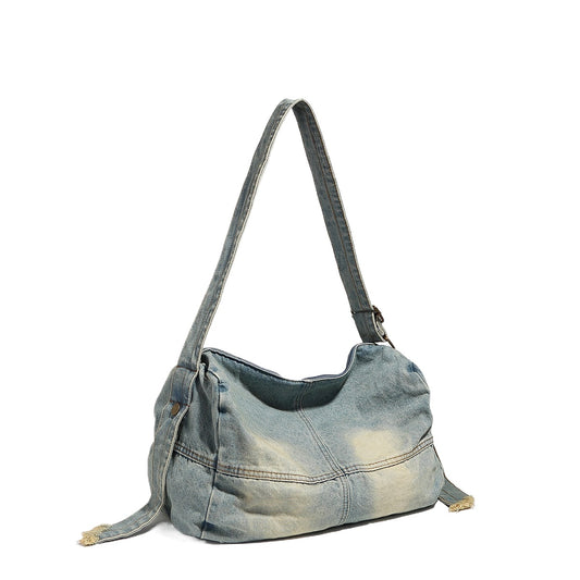 Washed old denim hobo bag, large capacity hobo shoulder bag, sweet cool babes underarm Retro denim shoulder bag