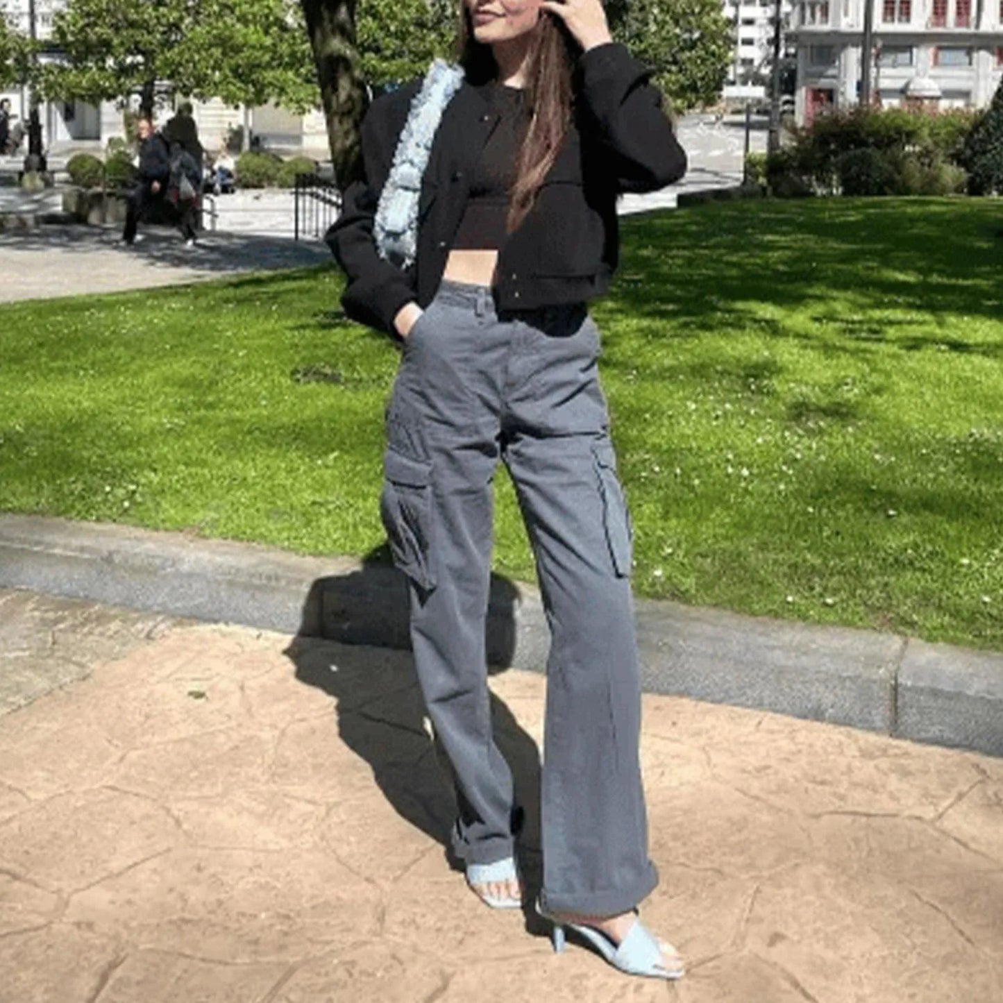 Adjustable Cargo Pants Women Straight Fit Baggy Wide Leg High Waist Pants Pockets Retro Street Style Casual Trousers