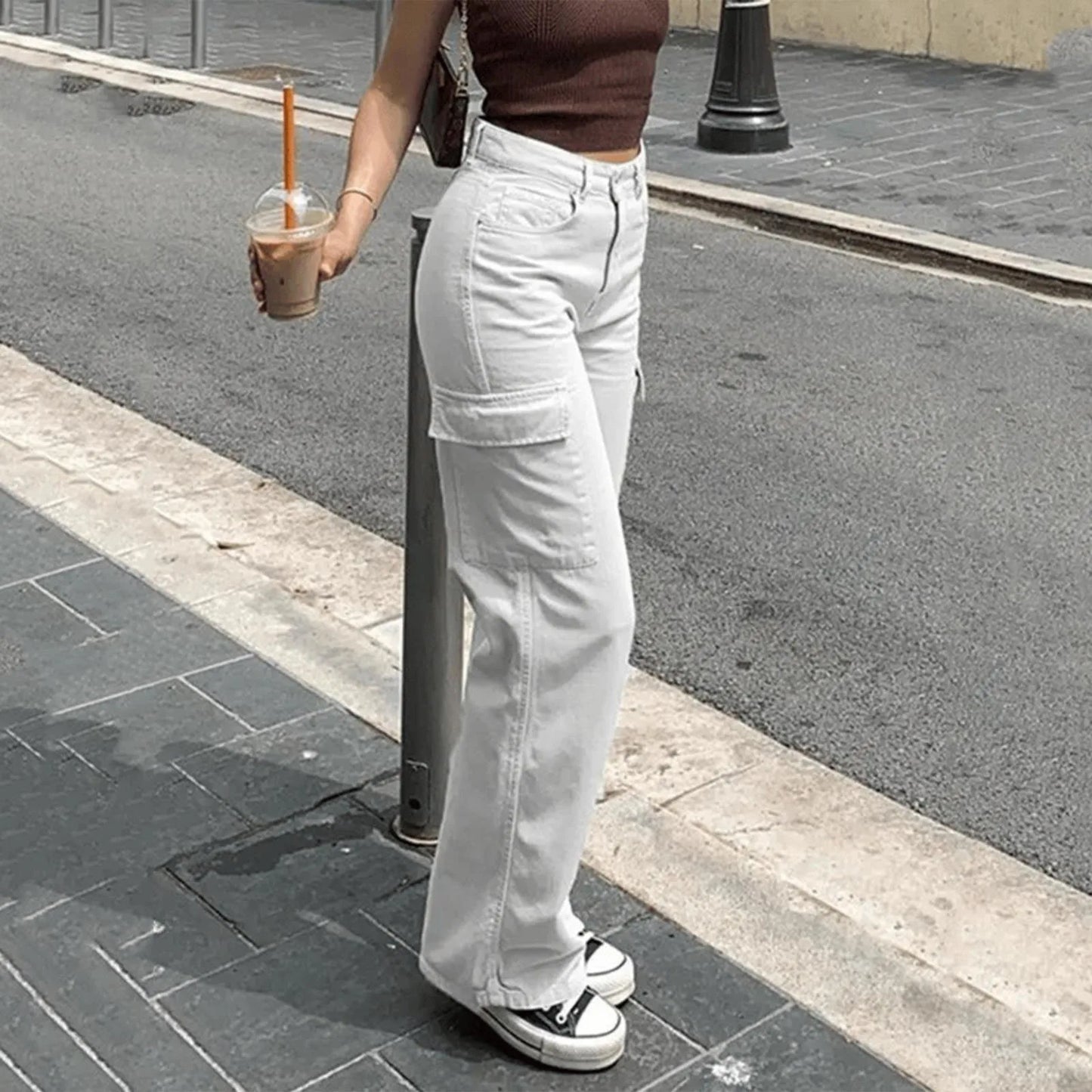 Adjustable Cargo Pants Women Straight Fit Baggy Wide Leg High Waist Pants Pockets Retro Street Style Casual Trousers