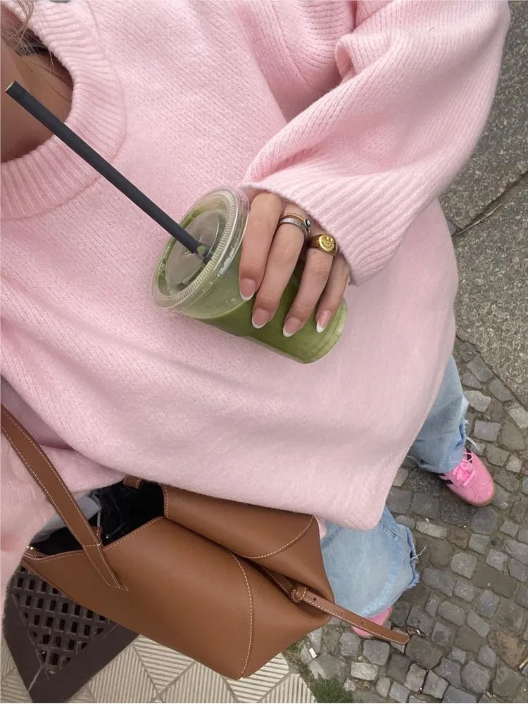 Fashion Pink Solid Warm Thick Loose Sweater Women Elegant O-neck Long Sleeve Knitted Pullover Top Autumn Female Tops Jumpers