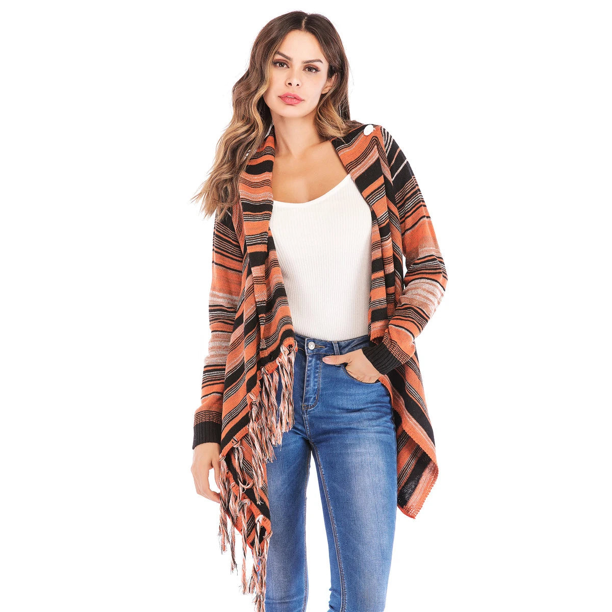 Long Striped Cardigan Coat For Women Poncho  Tassels Shawl Loose Sweater Knitted Cardigans  Casual Jacket Female Coat Autumn